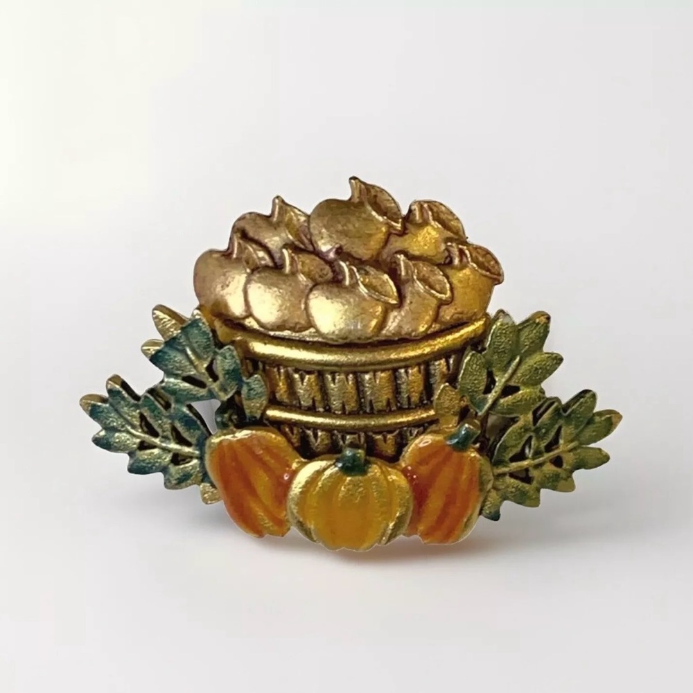 Vintage Apple Basket Pumpkins Brooch KC Kenneth Cole Enameled Brass Autumn Fall